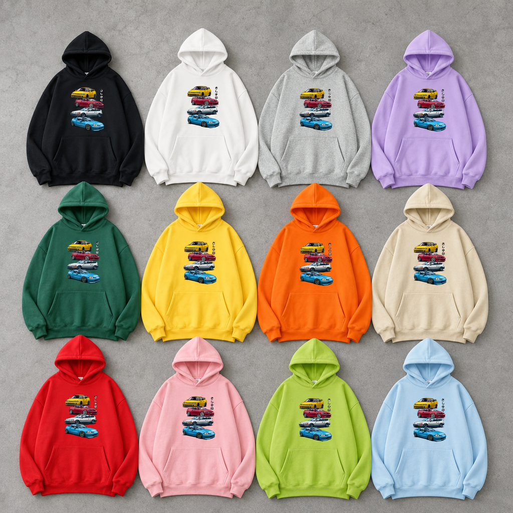 Initial D JDM hoodie colourway options — Redlined Japanese streetwear Australia
