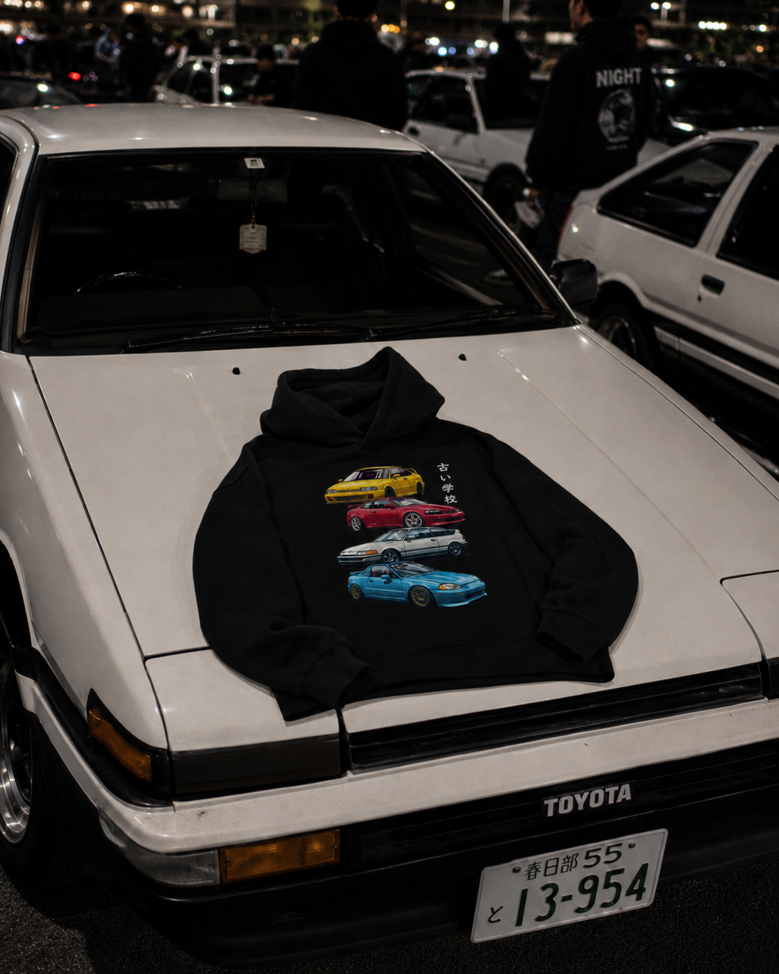 Redlined Initial D Hoodie — black oversized JDM hoodie with retro anime car graphic, Australia