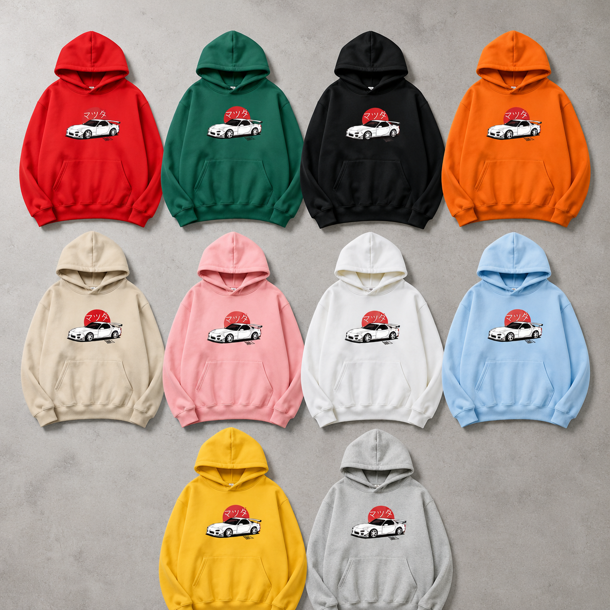 Widebody RX-7 JDM hoodie colourway options — Redlined Australia